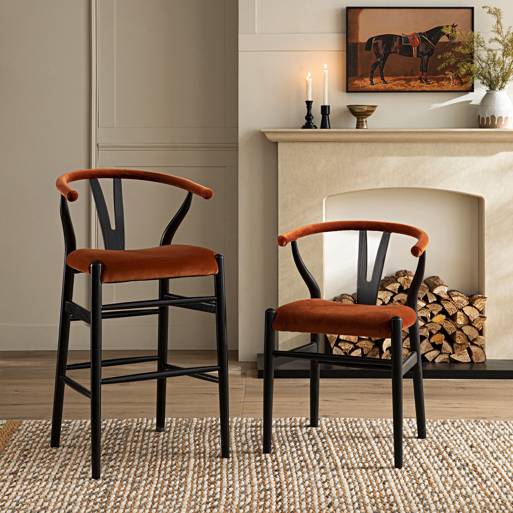 Hansel Upholstered Wishbone Counter Stool, Rust Velvet and Black Frame