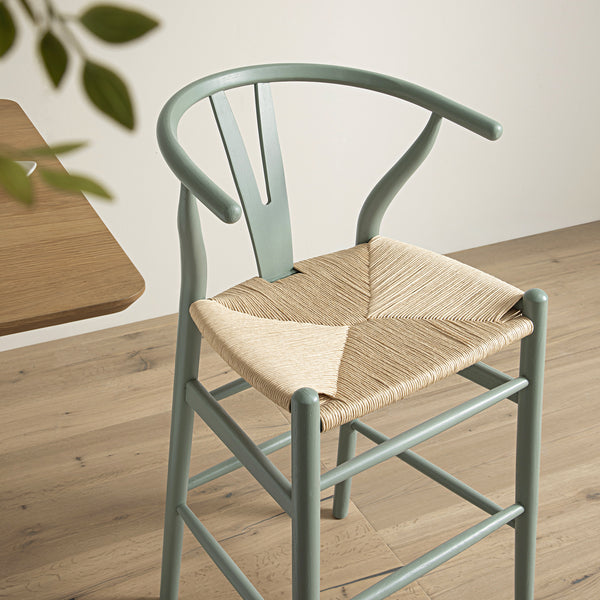 Hansel Wooden Natural Weave Wishbone Counter Stool, Sage Green Frame