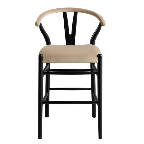 Hansel Upholstered Wishbone Counter Stool, Taupe Velvet and Black Frame