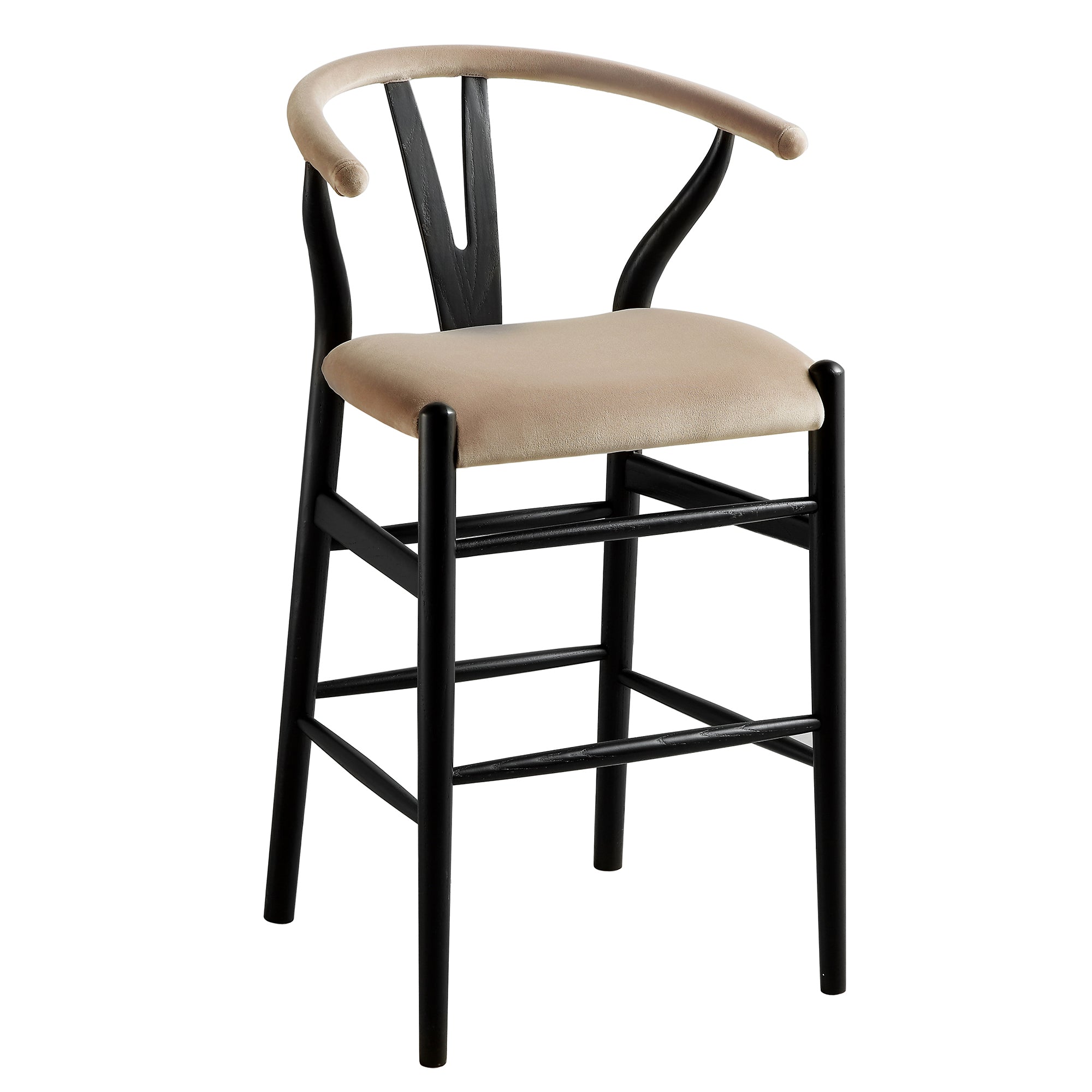 Hansel Upholstered Wishbone Counter Stool, Taupe Velvet and Black Frame