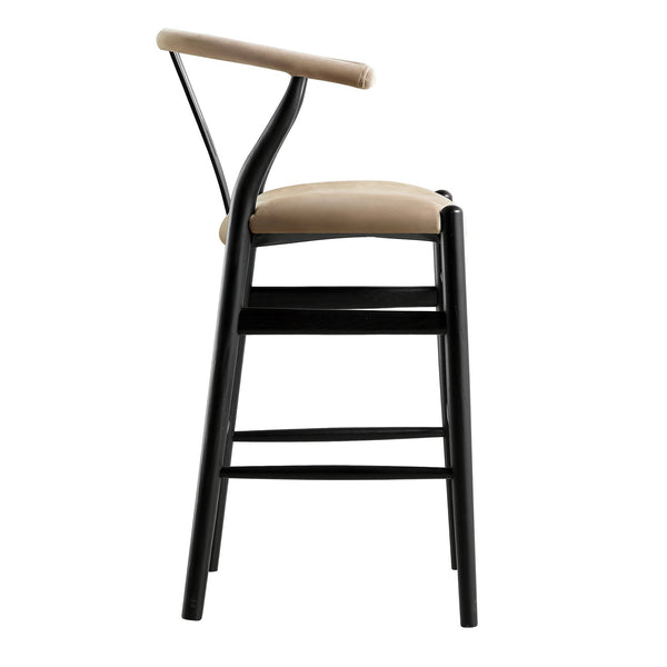 Hansel Upholstered Wishbone Counter Stool, Taupe Velvet and Black Frame