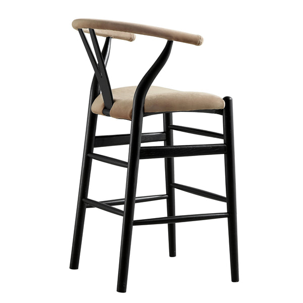 Hansel Upholstered Wishbone Counter Stool, Taupe Velvet and Black Frame