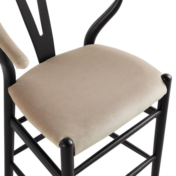 Hansel Upholstered Wishbone Counter Stool, Taupe Velvet and Black Frame