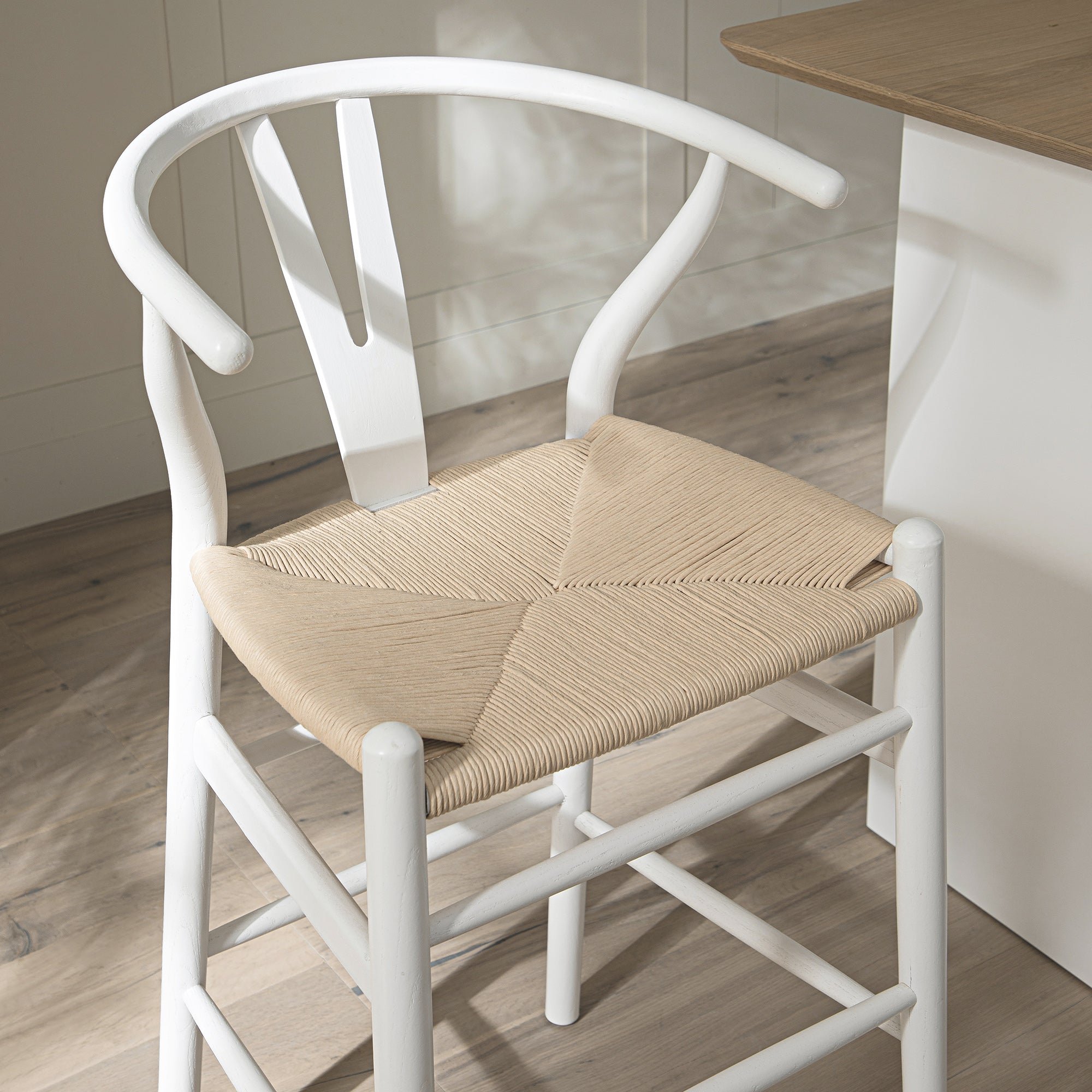 Hansel Wooden Natural Weave Wishbone Counter Stool, White Frame