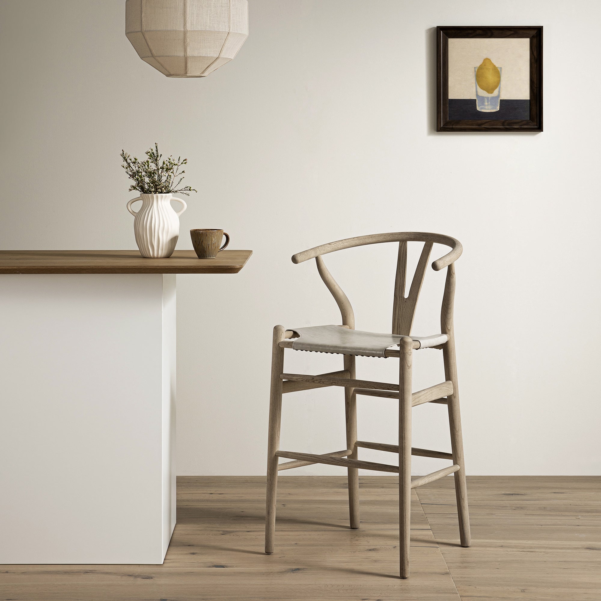 Hansel Counter Stool, Weathered Elm Frame with Light Grey Faux Leather Seat