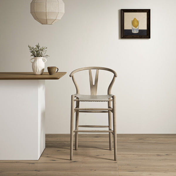 Hansel Counter Stool, Weathered Elm Frame with Light Grey Faux Leather Seat