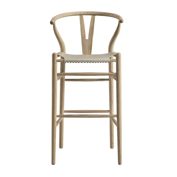 Hansel Bar Stool, Weathered Elm Frame with Light Grey Faux Leather Seat