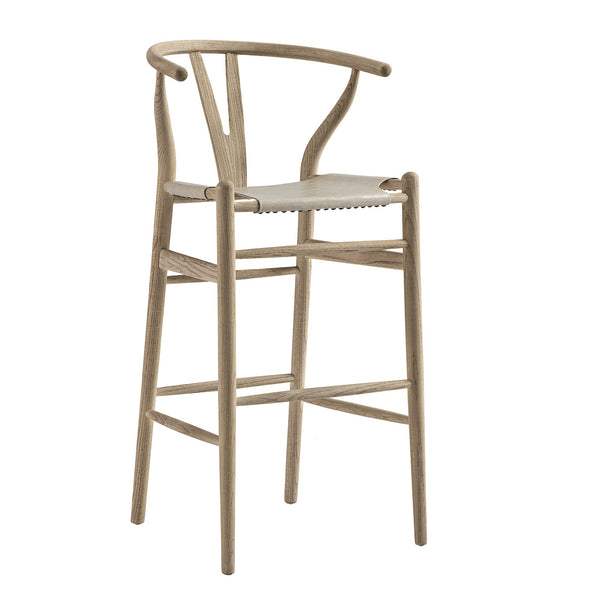 Hansel Bar Stool, Weathered Elm Frame with Light Grey Faux Leather Seat