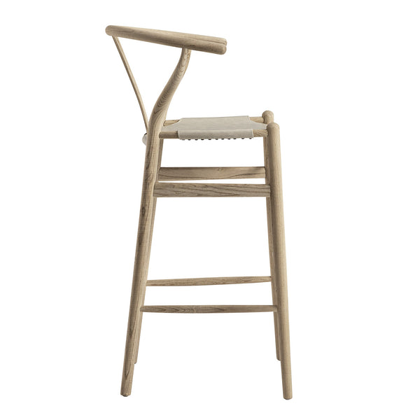 Hansel Bar Stool, Weathered Elm Frame with Light Grey Faux Leather Seat