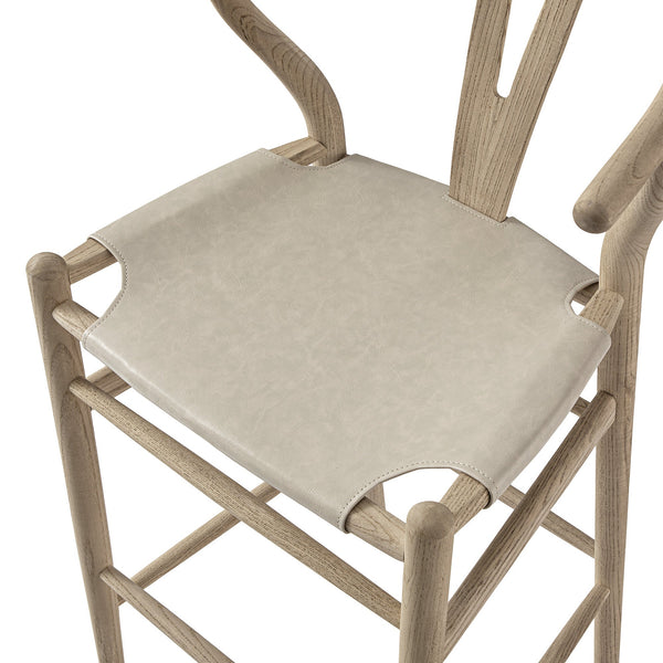 Hansel Bar Stool, Weathered Elm Frame with Light Grey Faux Leather Seat