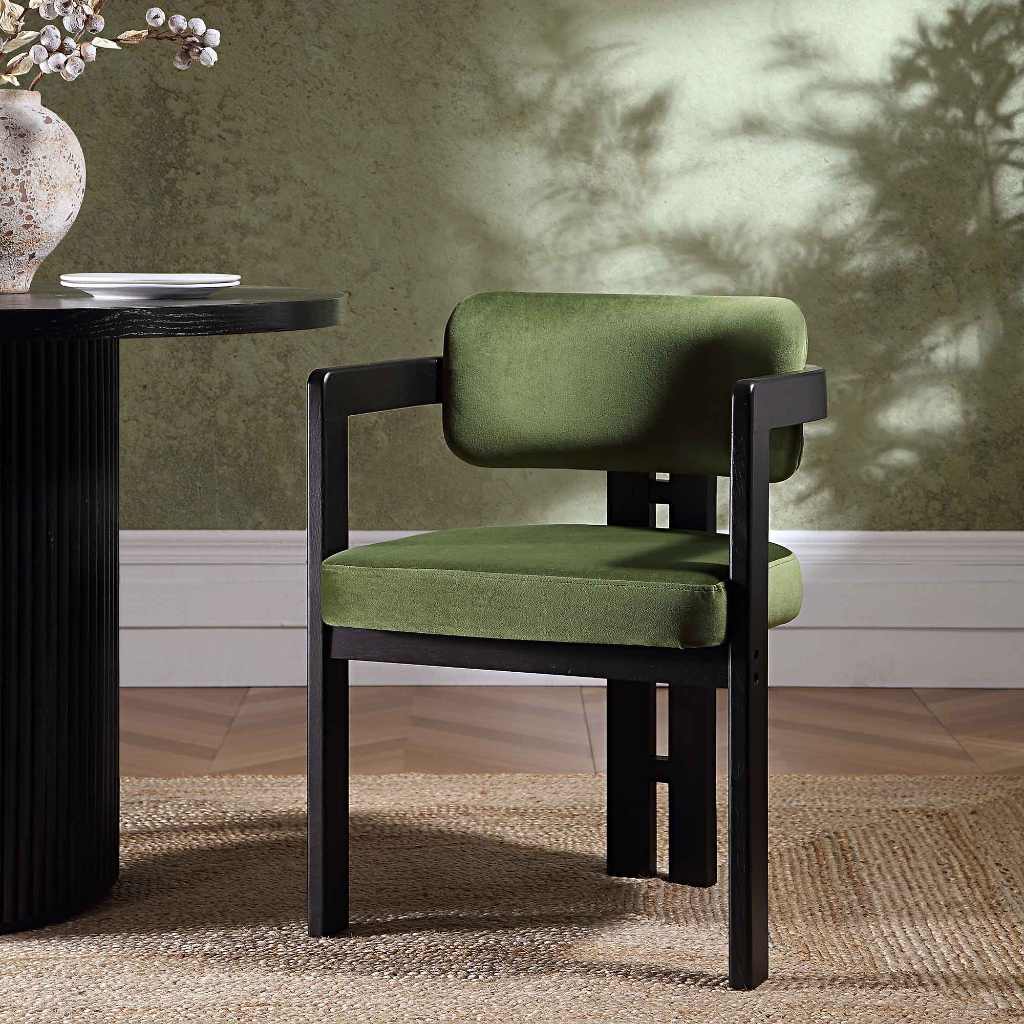 Stanford Curved Black Wood Frame Moss Green Velvet Chair