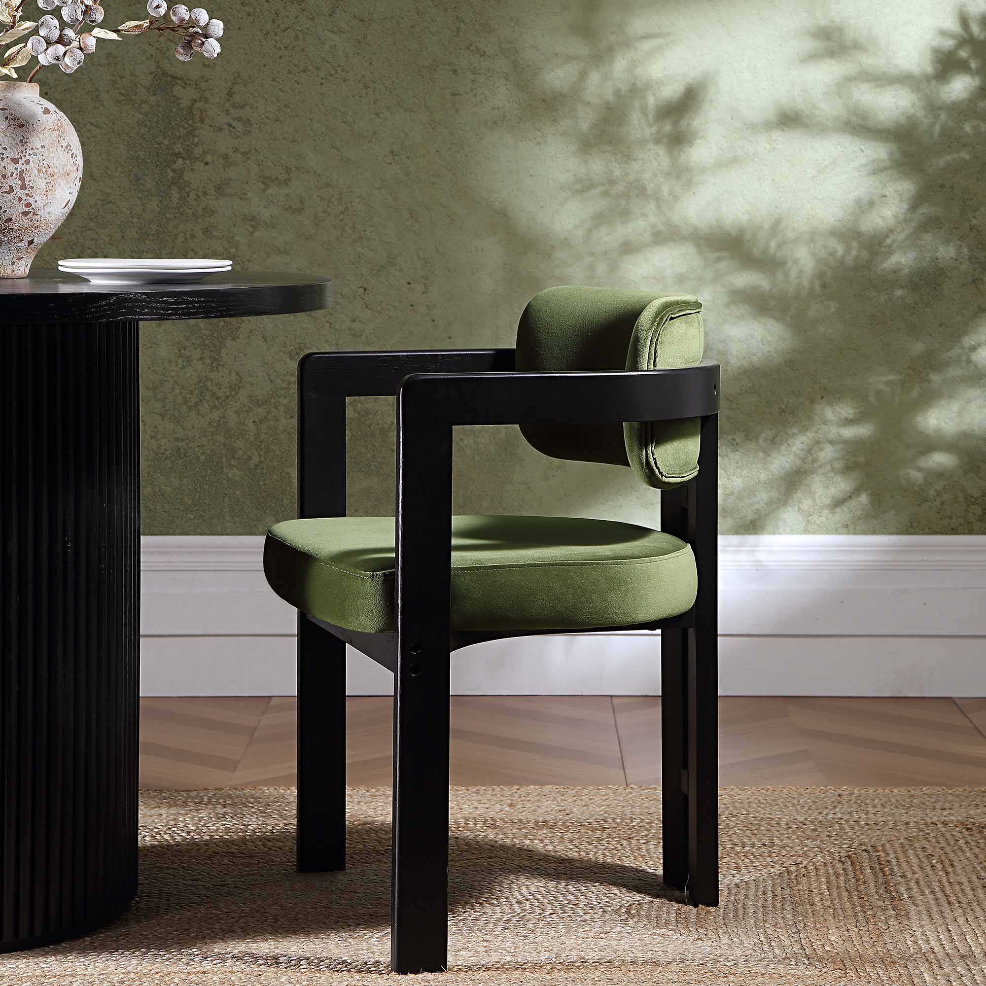 Stanford Curved Black Wood Frame Moss Green Velvet Chair