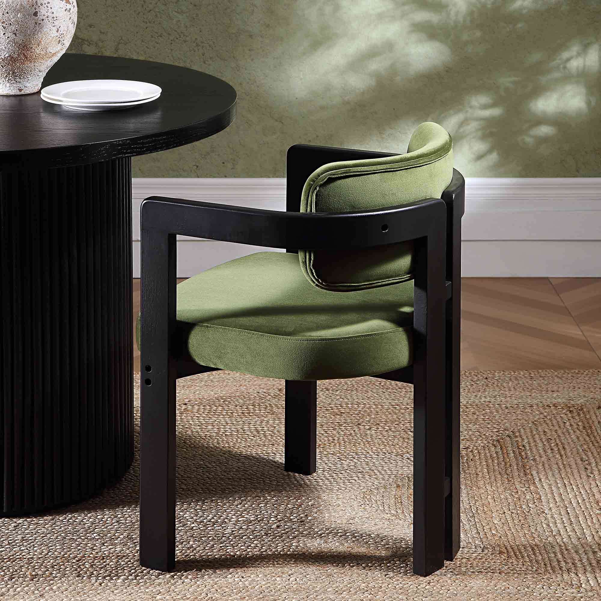 Stanford Curved Black Wood Frame Moss Green Velvet Chair