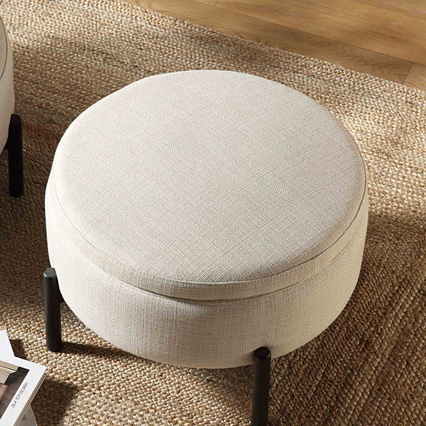 Amboise Round Storage Pouffe, Beige Linen Blend