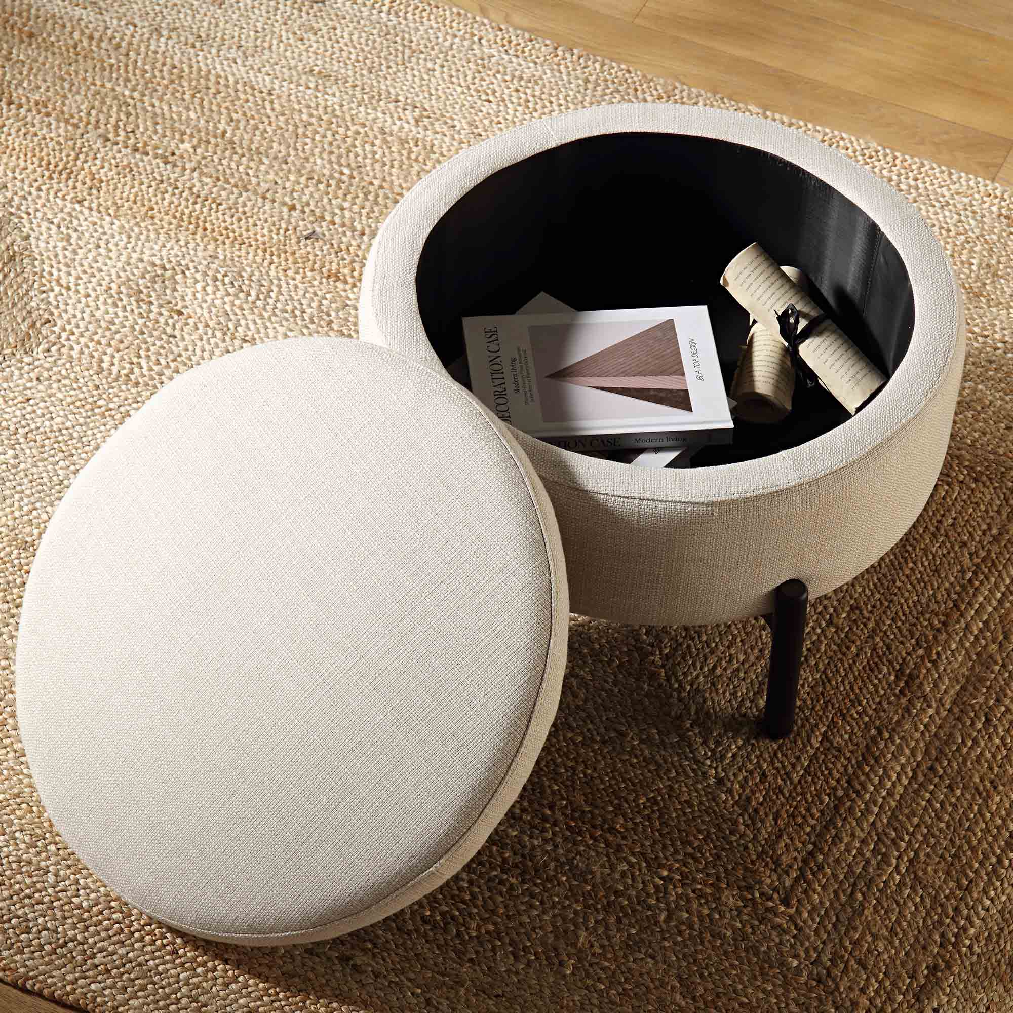 Amboise Round Storage Pouffe, Beige Linen Blend