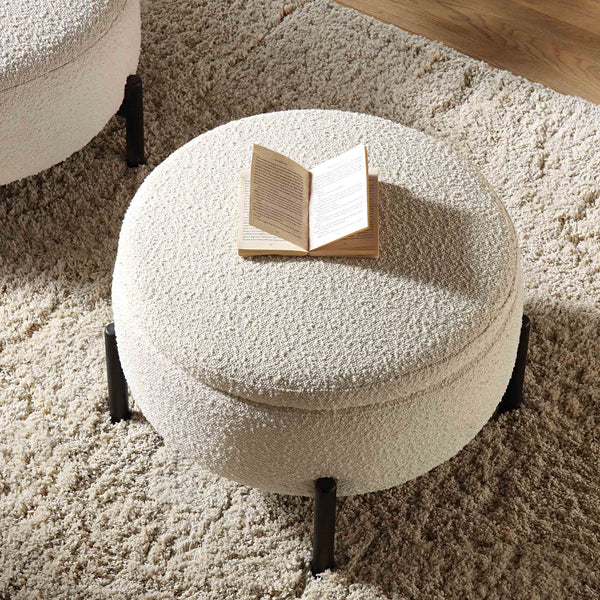 Amboise Round Storage Pouffe, Ecru Boucle