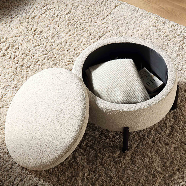 Amboise Round Storage Pouffe, Ecru Boucle