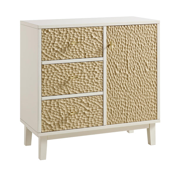 Bianca Chip Carved 1 Door 3 Drawer Small Sideboard, Sand Beige & Ivory