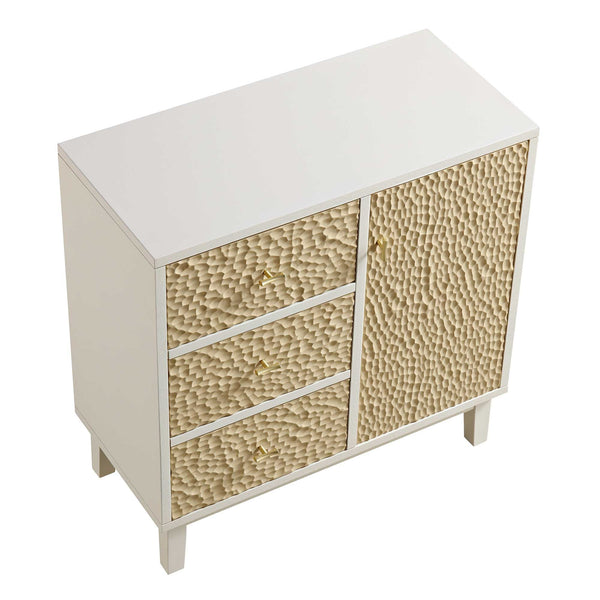 Bianca Chip Carved 1 Door 3 Drawer Small Sideboard, Sand Beige & Ivory