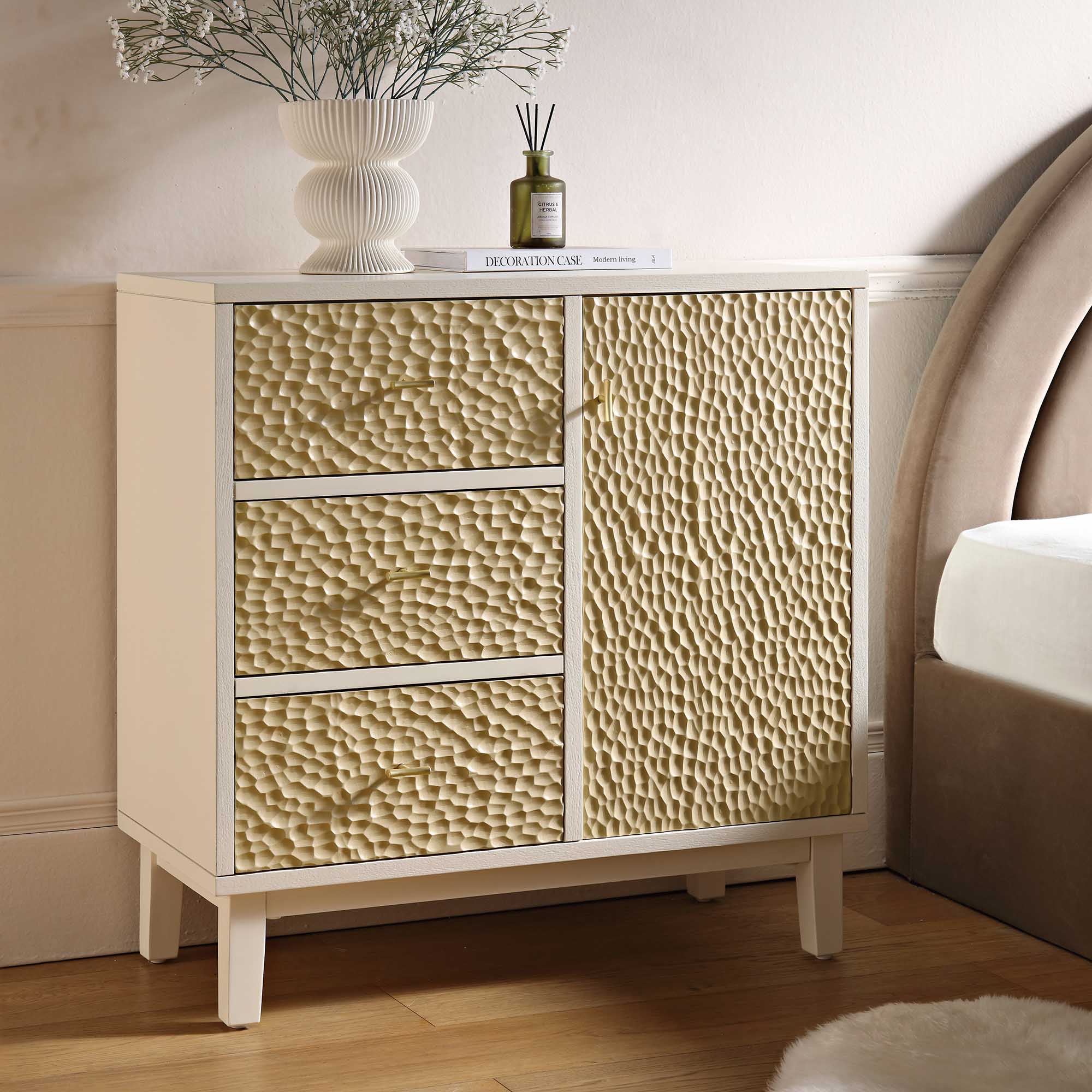 Bianca Chip Carved 1 Door 3 Drawer Small Sideboard, Sand Beige & Ivory