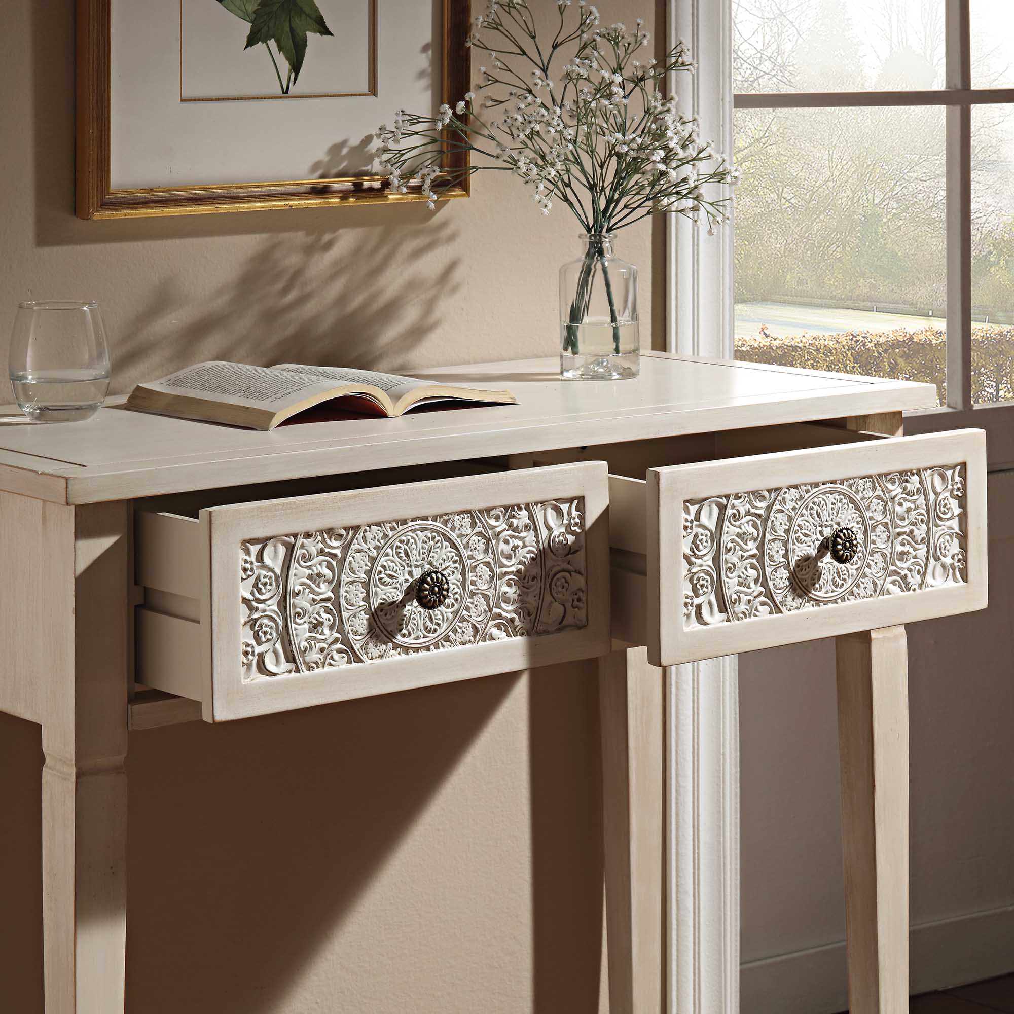 Chantilly Whitewashed Carved Console Table