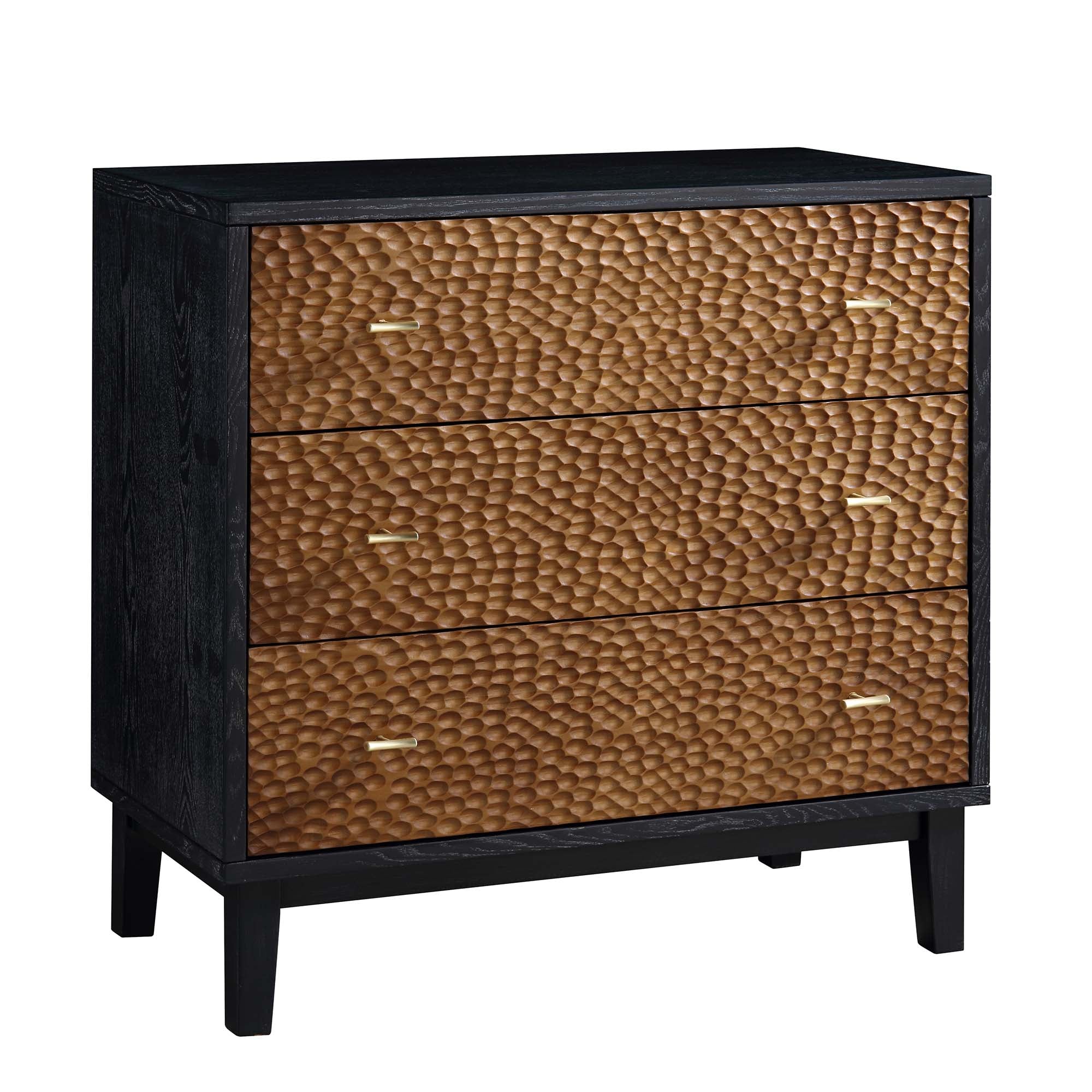 Bianca Chip Carved 3 Drawer Dresser, Antique Bronze & Black