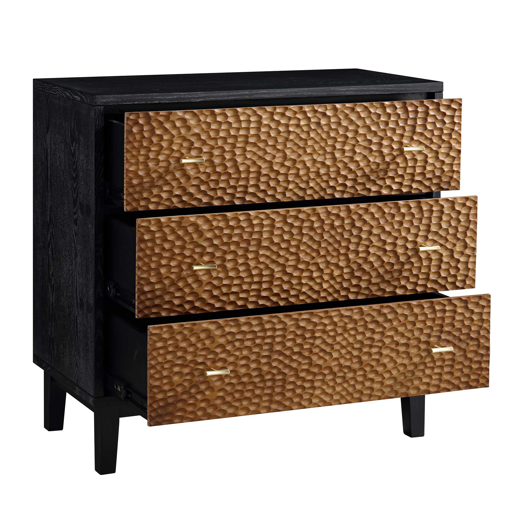 Bianca Chip Carved 3 Drawer Dresser, Antique Bronze & Black