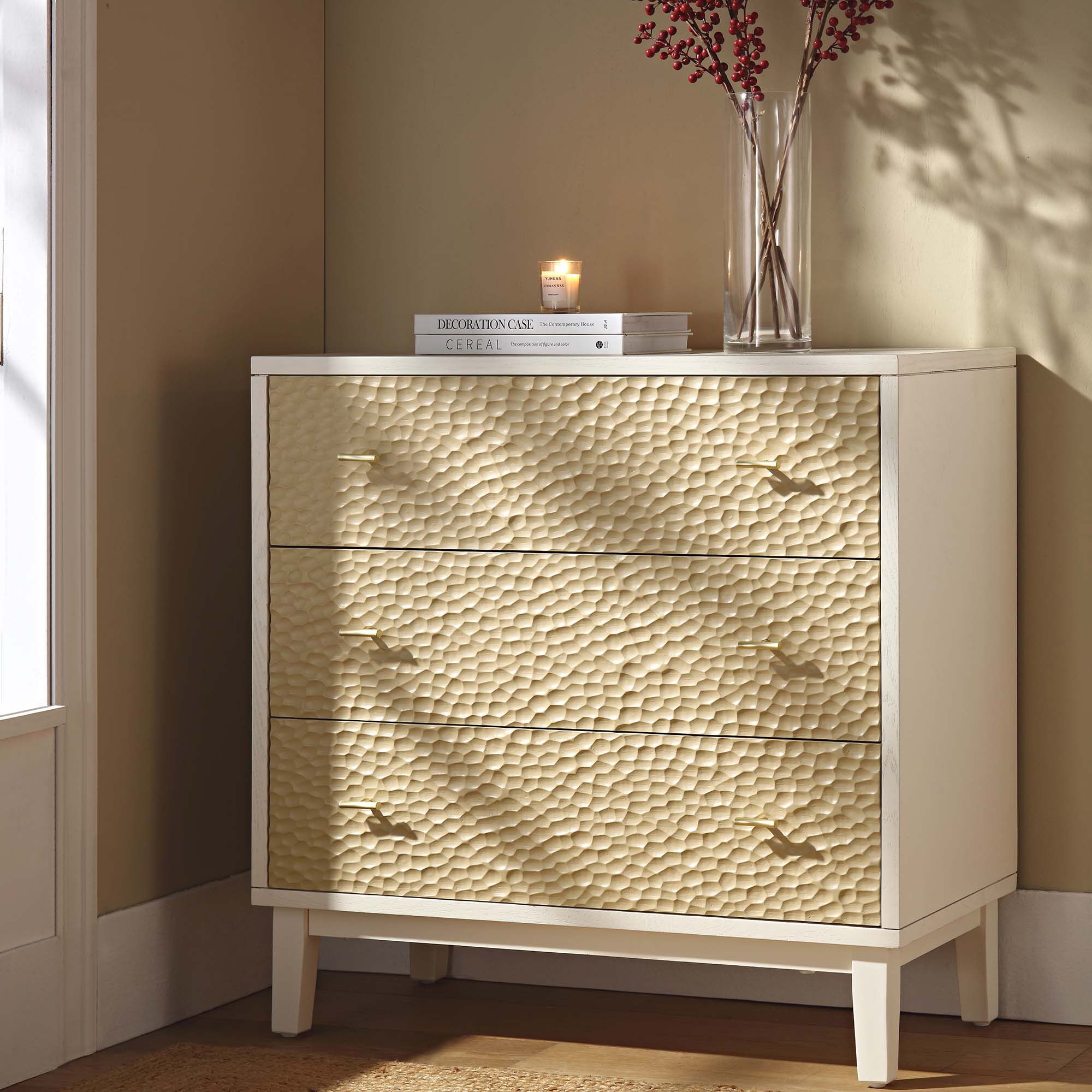 Bianca Chip Carved 3 Drawer Dresser, Sand Beige & Ivory