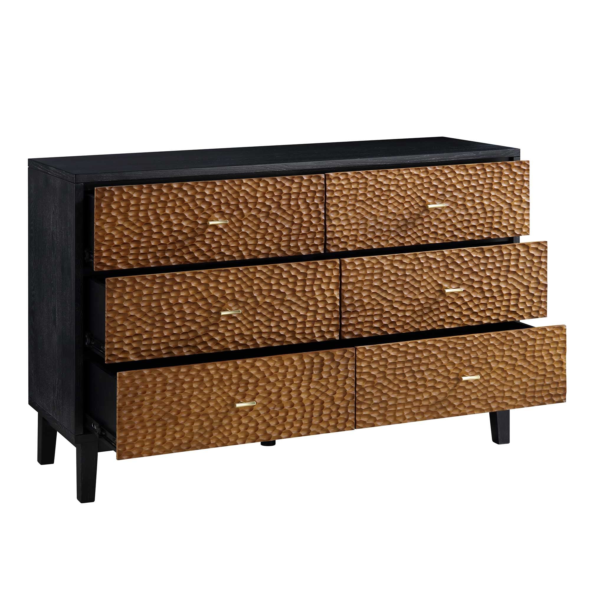 Bianca Chip Carved 6 Drawer Dresser, Antique Bronze & Black