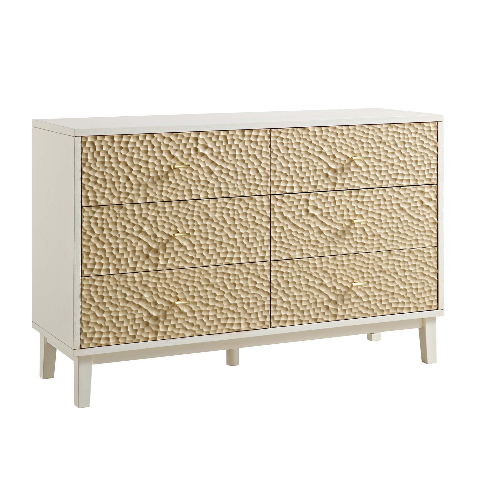 Bianca Chip Carved 6 Drawer Dresser, Sand Beige & Ivory