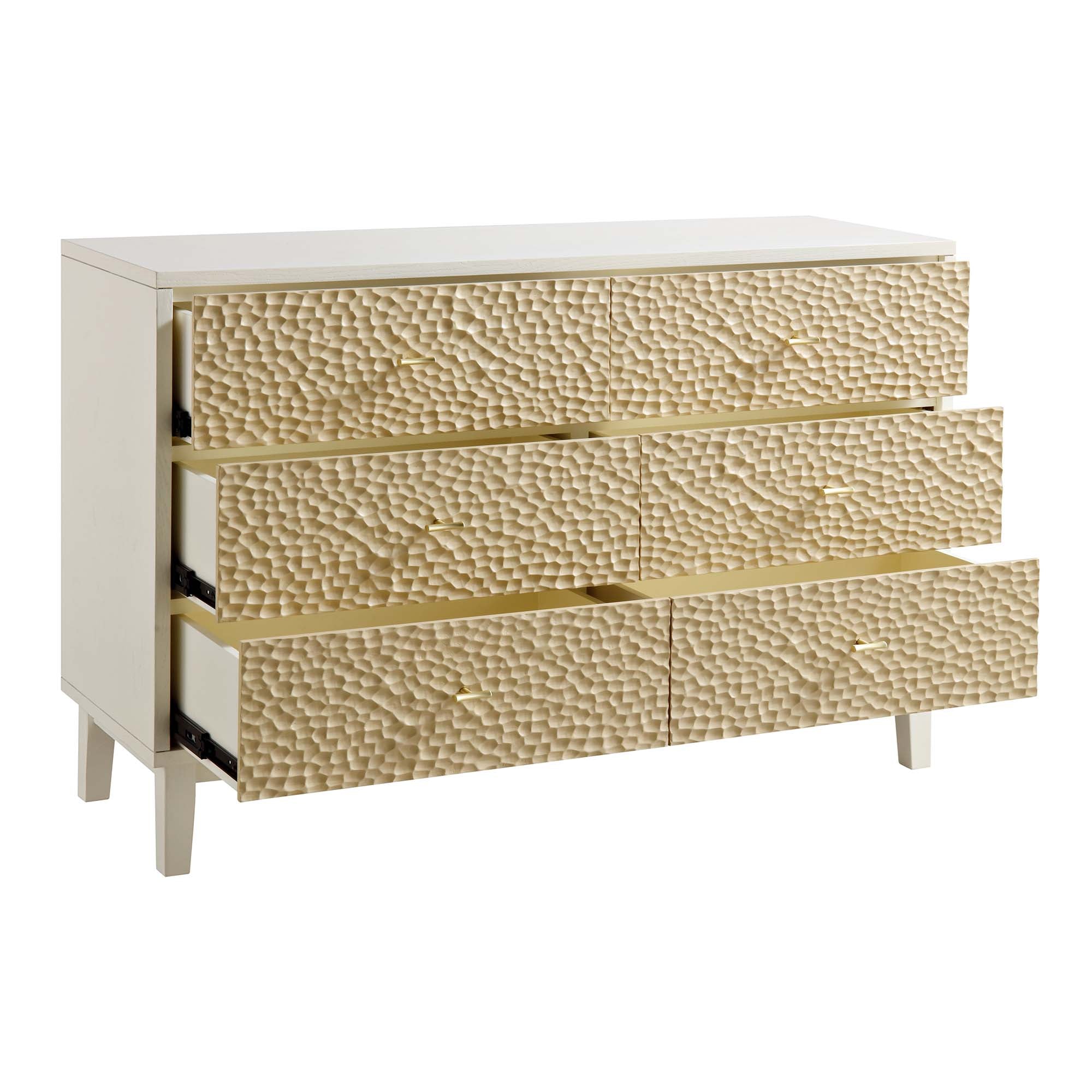 Bianca Chip Carved 6 Drawer Dresser, Sand Beige & Ivory