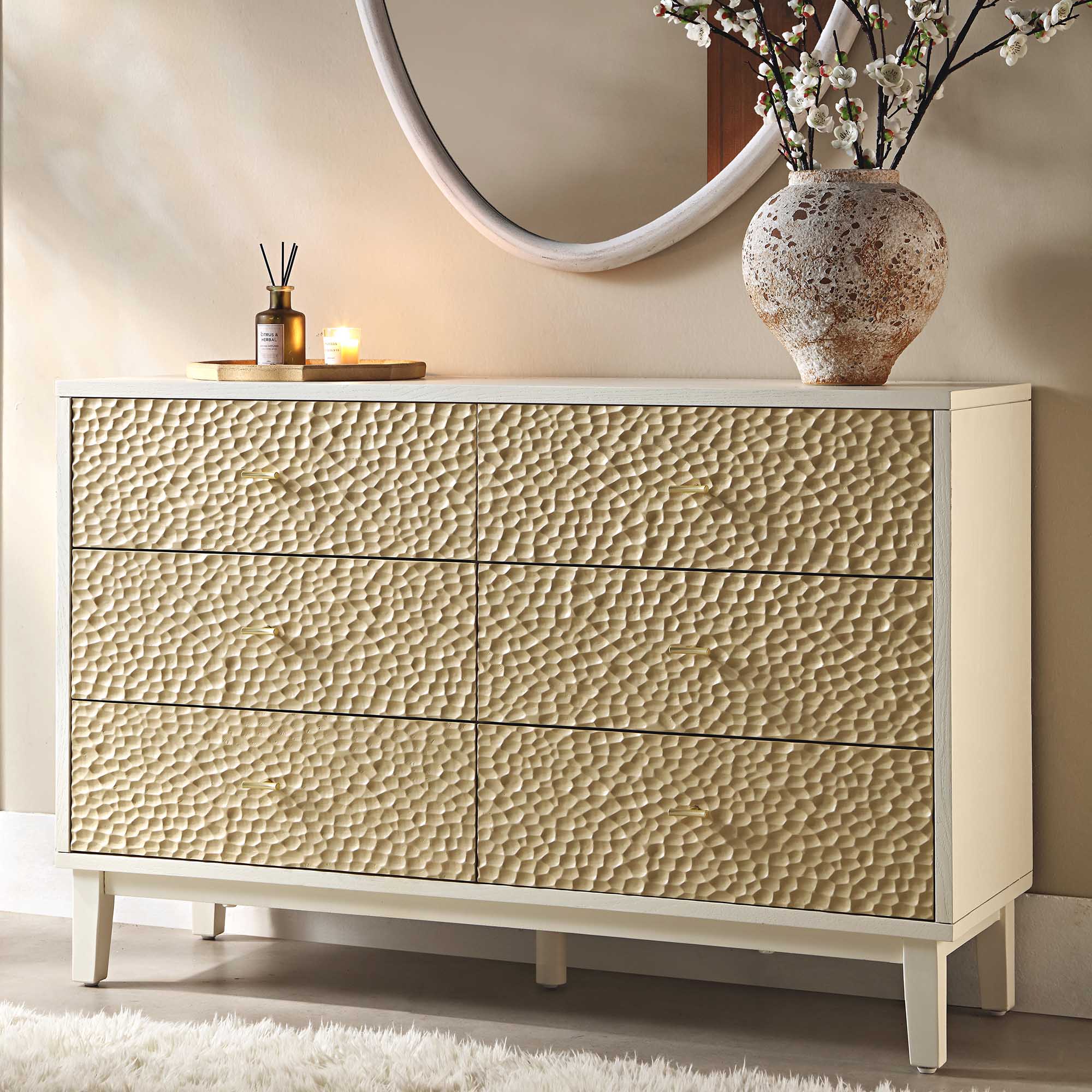 Bianca Chip Carved 6 Drawer Dresser, Sand Beige & Ivory