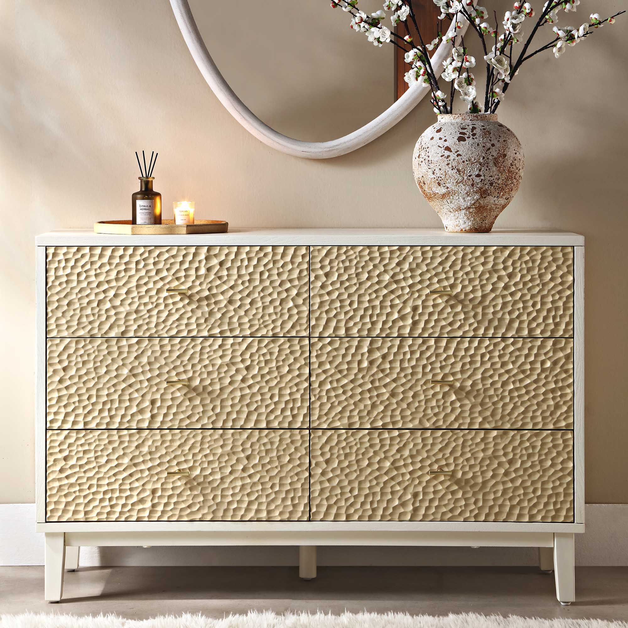 Bianca Chip Carved 6 Drawer Dresser, Sand Beige & Ivory