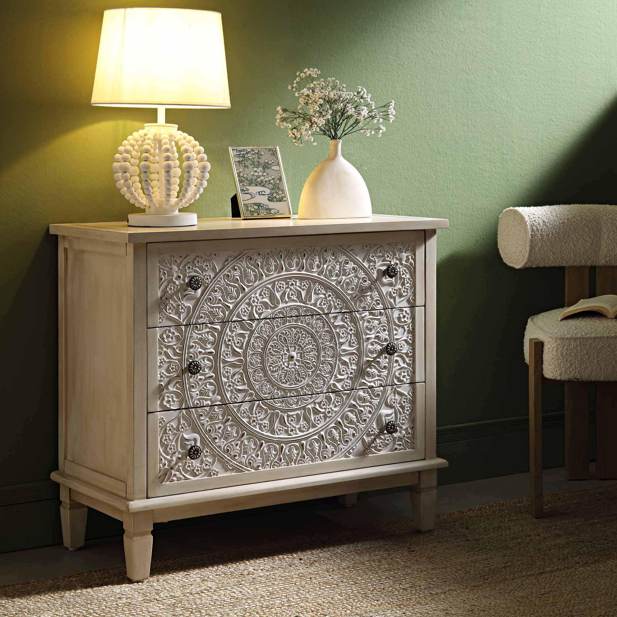 Chantilly Whitewashed Carved 3 Drawer Dresser