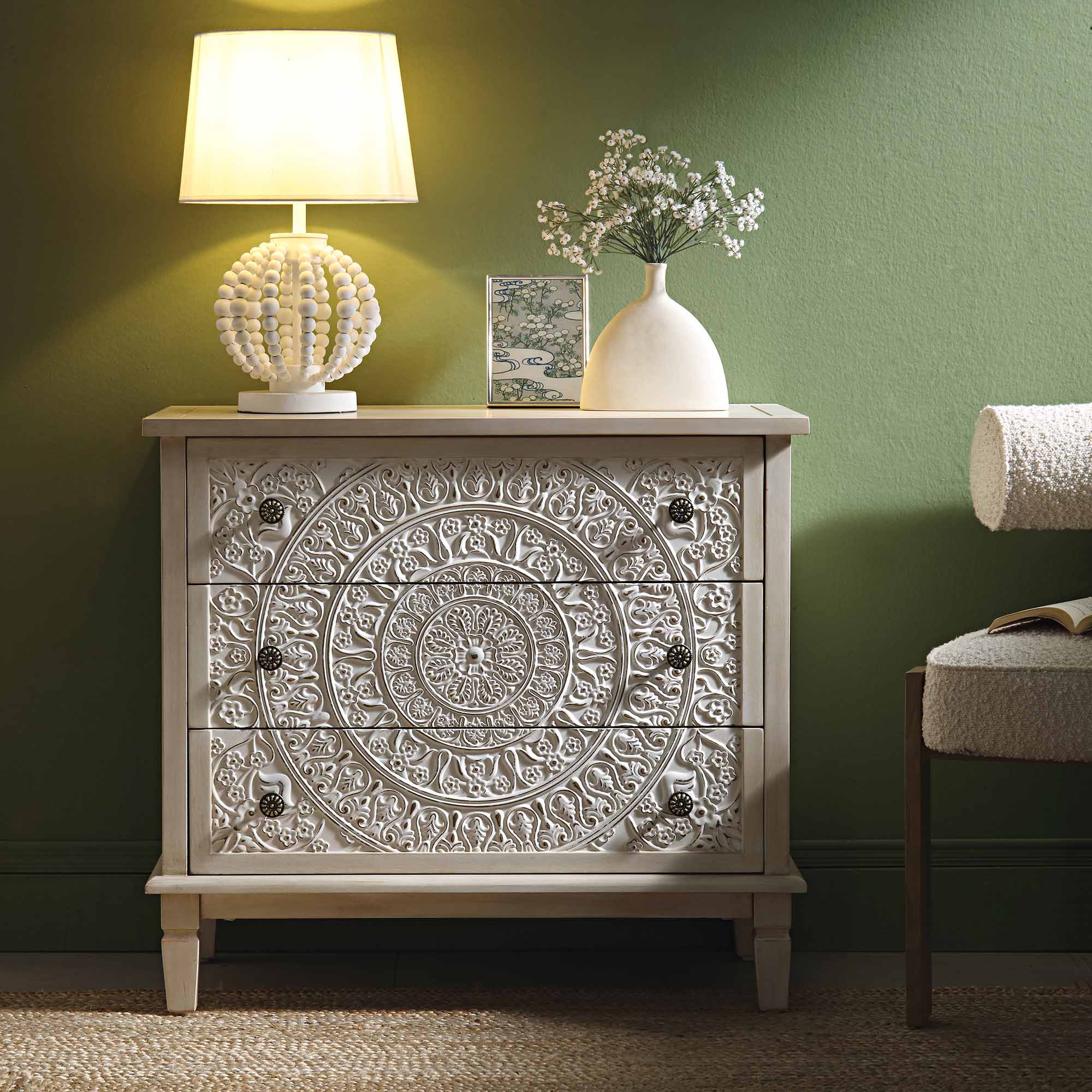 Chantilly Whitewashed Carved 3 Drawer Dresser