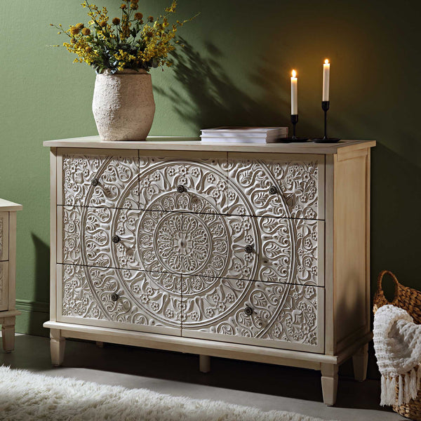 Chantilly Whitewashed Carved 3 over 4 Drawer Dresser