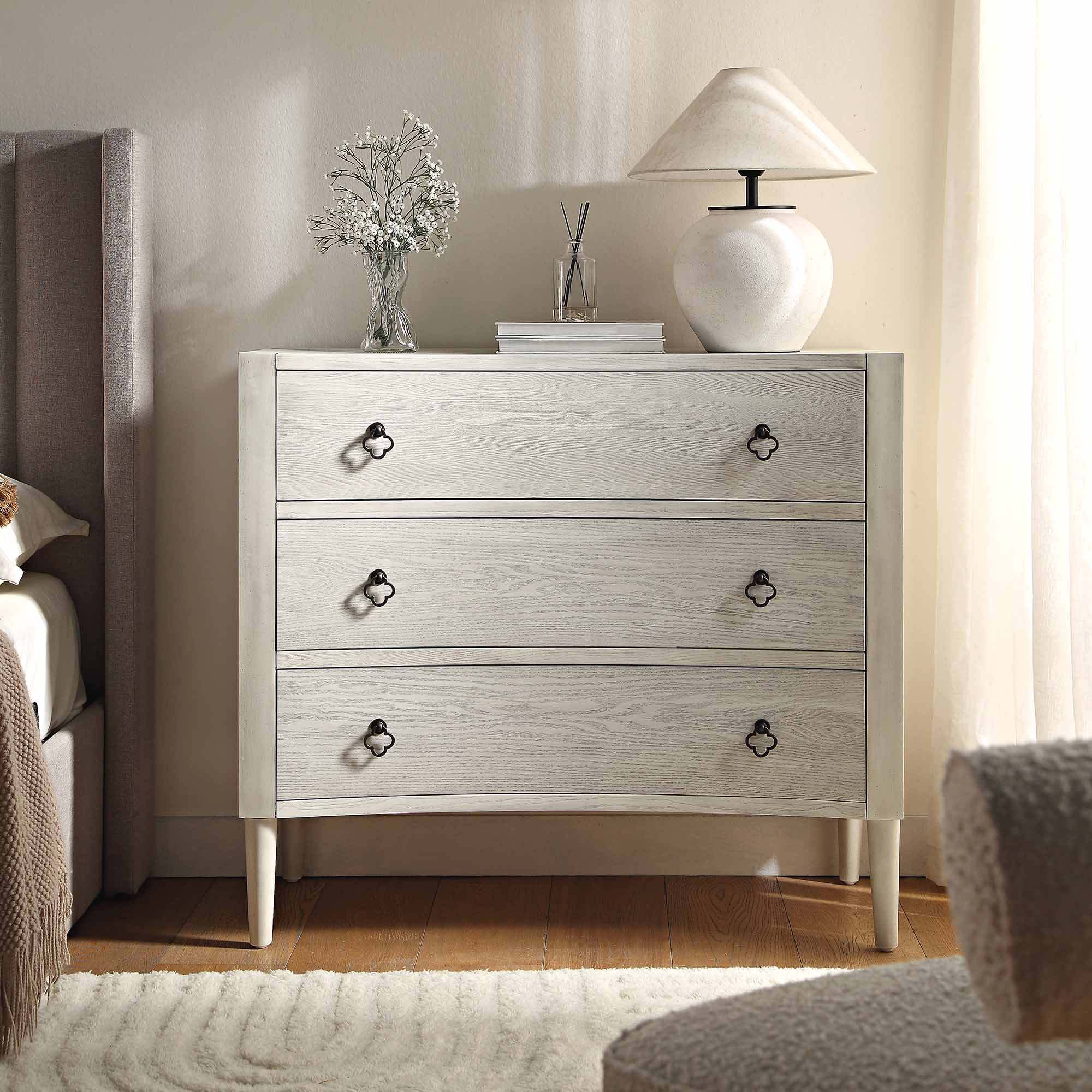 Thalia Concave 3 Drawer Dresser, Washed White