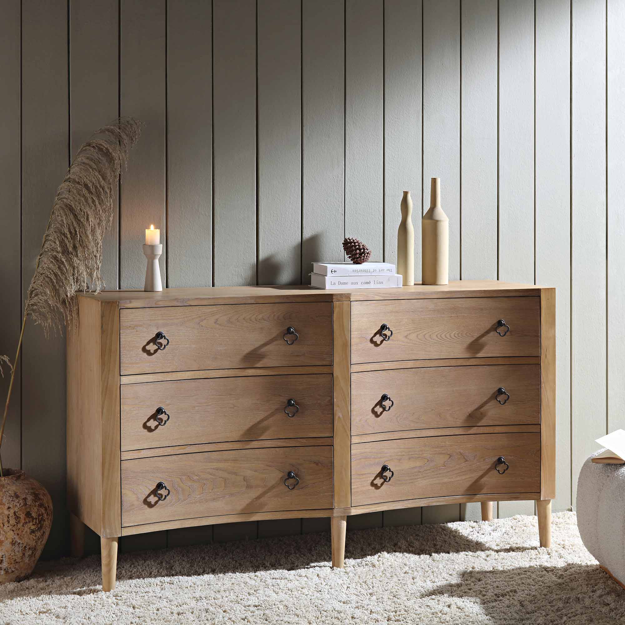 Thalia Concave Double Six Drawer Dresser, Natural