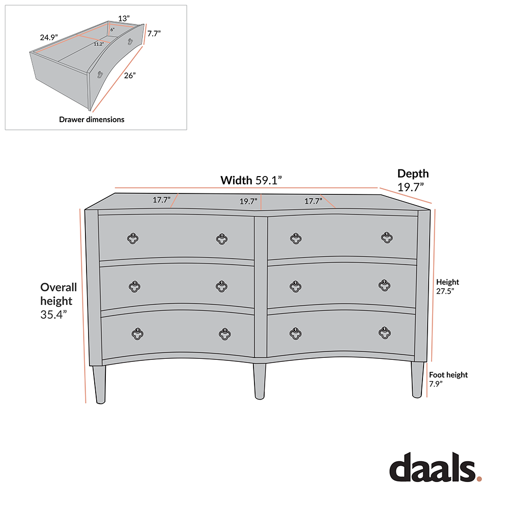 Thalia Concave Double Six Drawer Dresser, Washed White