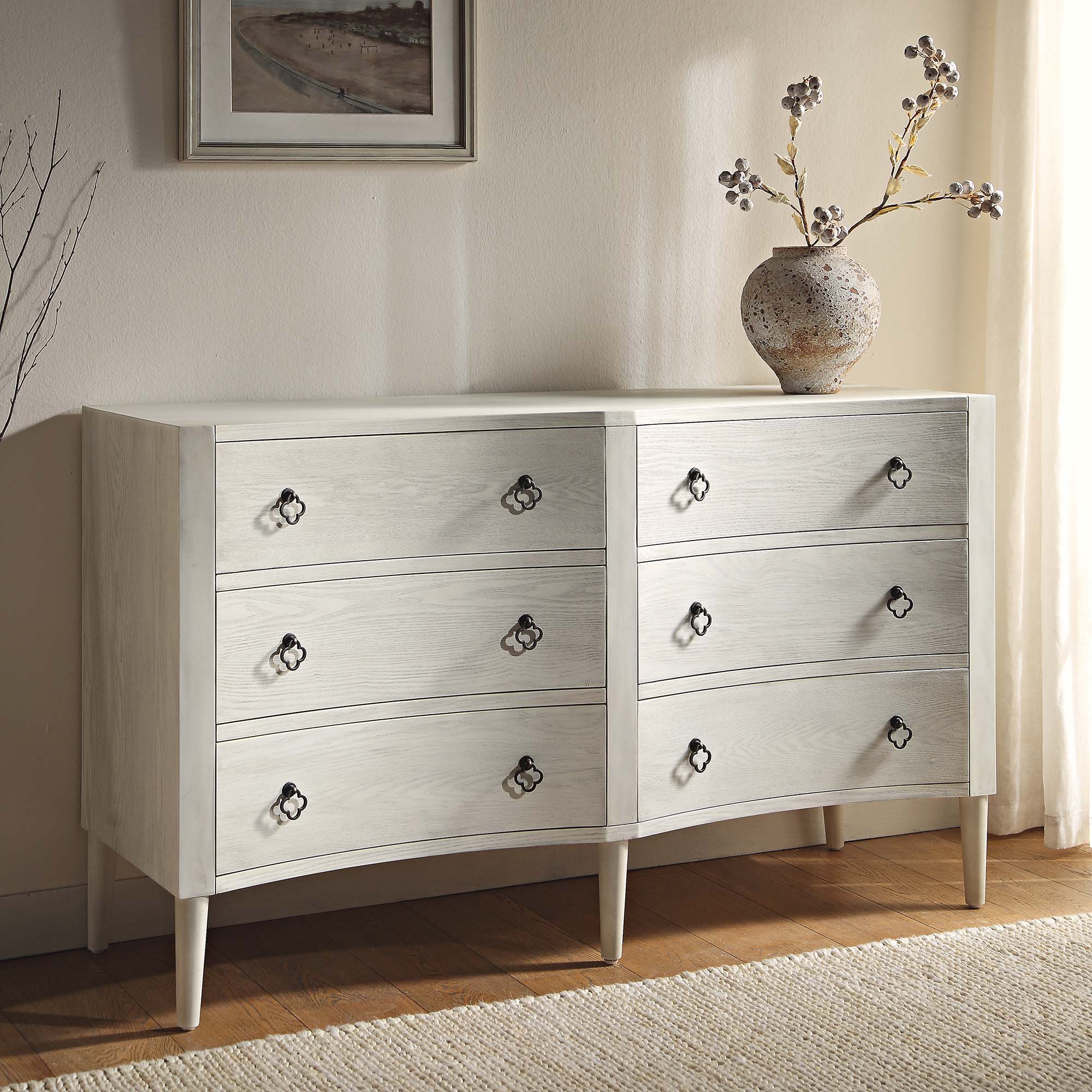 Thalia Concave Double Six Drawer Dresser, Washed White