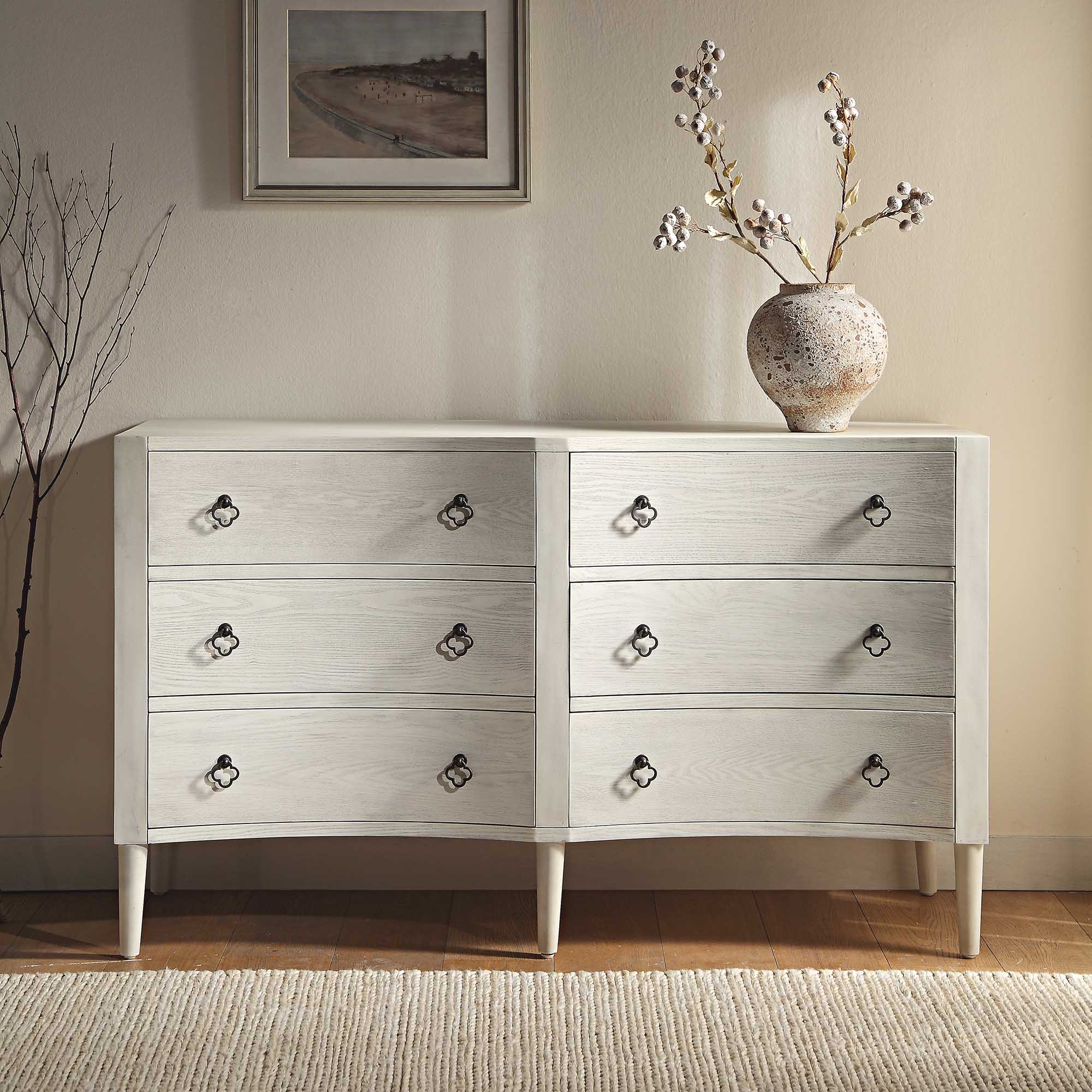 Thalia Concave Double Six Drawer Dresser, Washed White