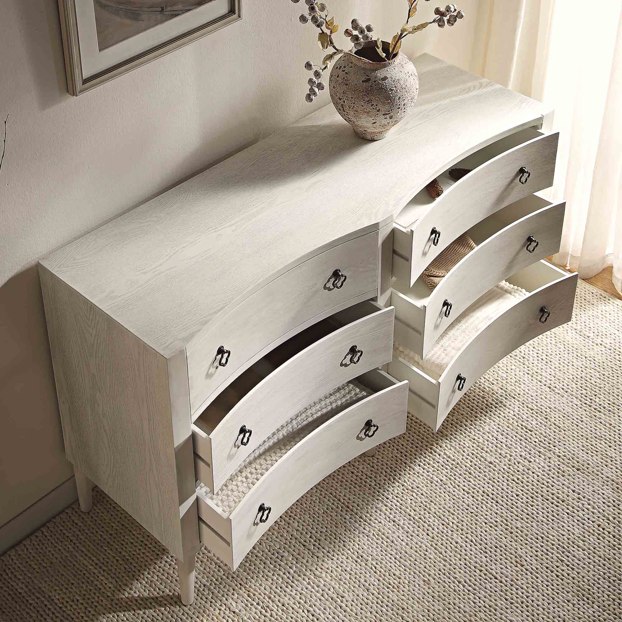 Thalia Concave Double Six Drawer Dresser, Washed White