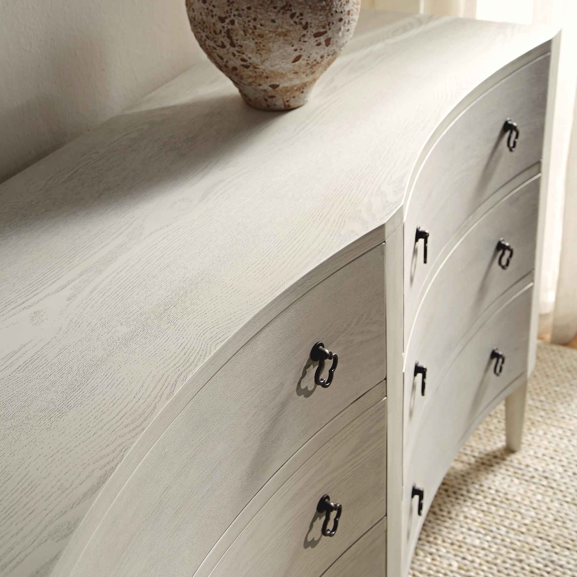 Thalia Concave Double Six Drawer Dresser, Washed White