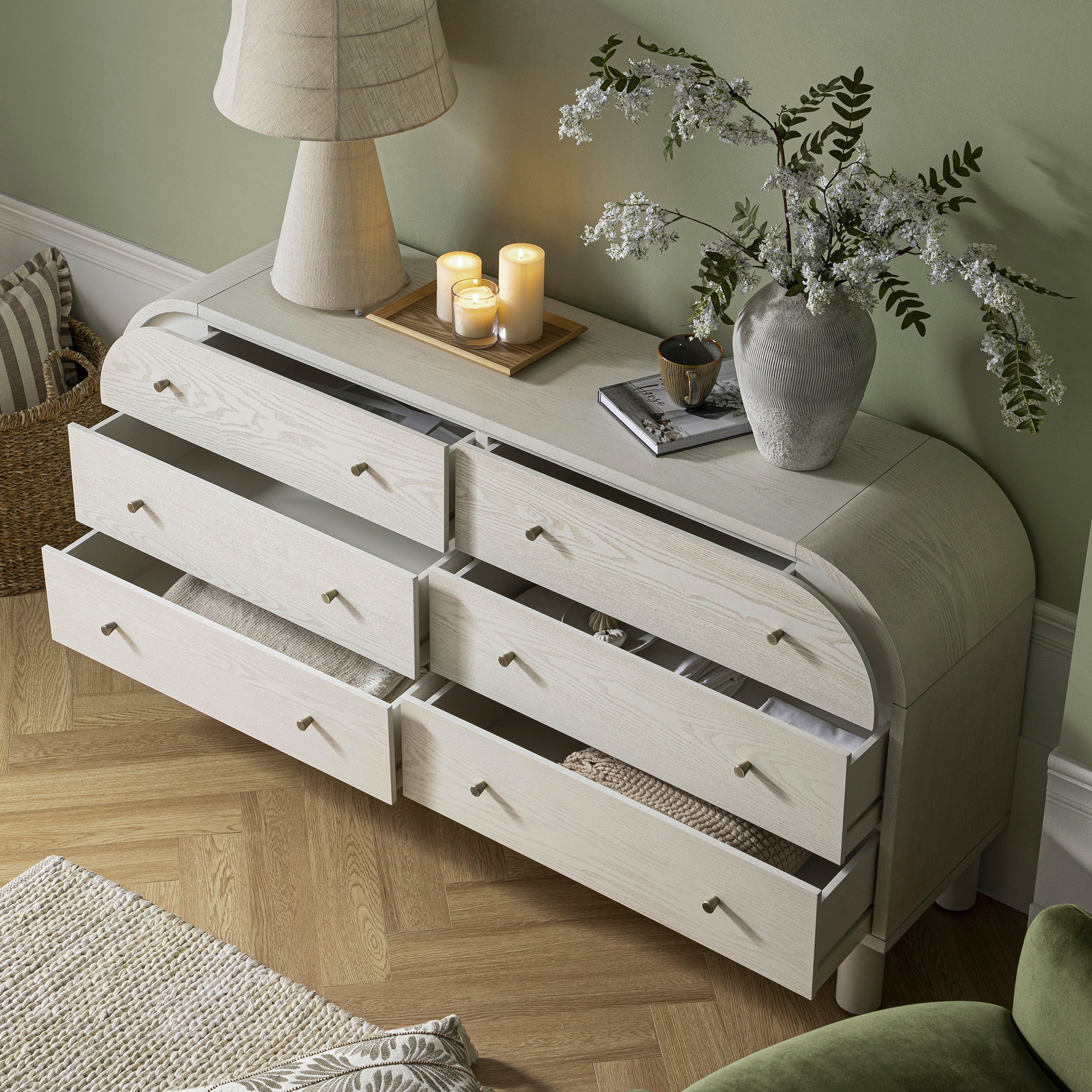 Maude 6 Drawer Dresser, Washed White Ash