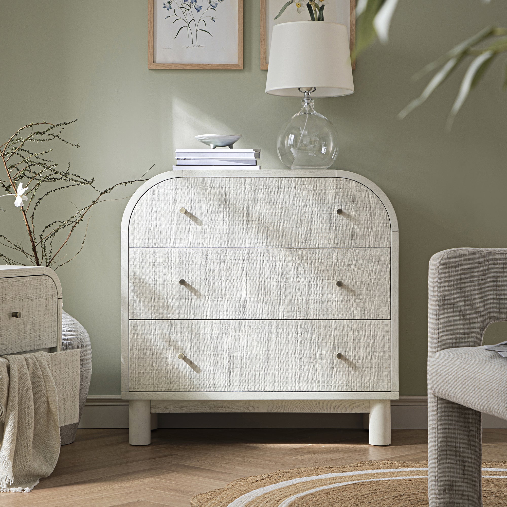 Maude 3 Drawer Dresser, Washed White Ash with Raffia