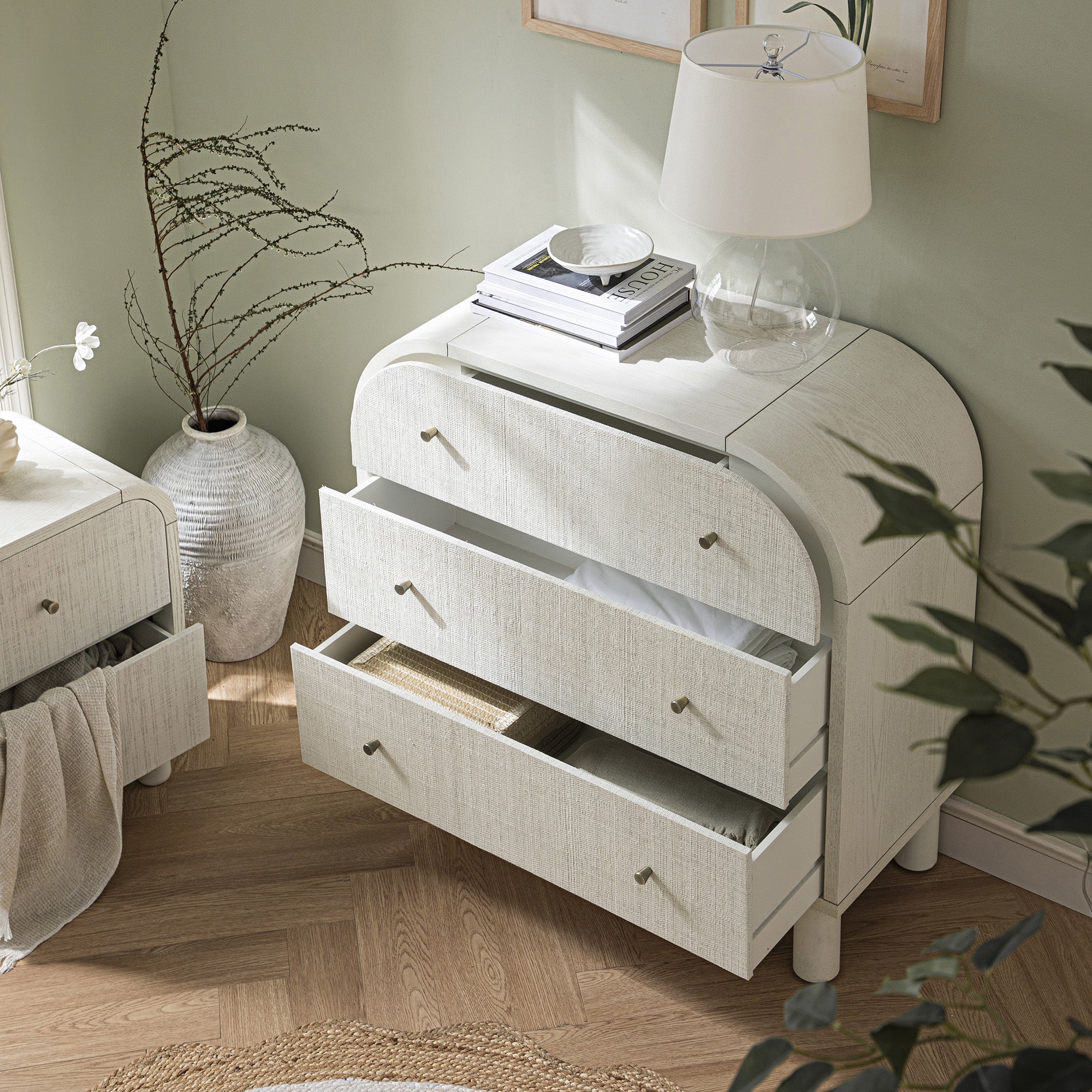 Maude 3 Drawer Dresser, Washed White Ash with Raffia