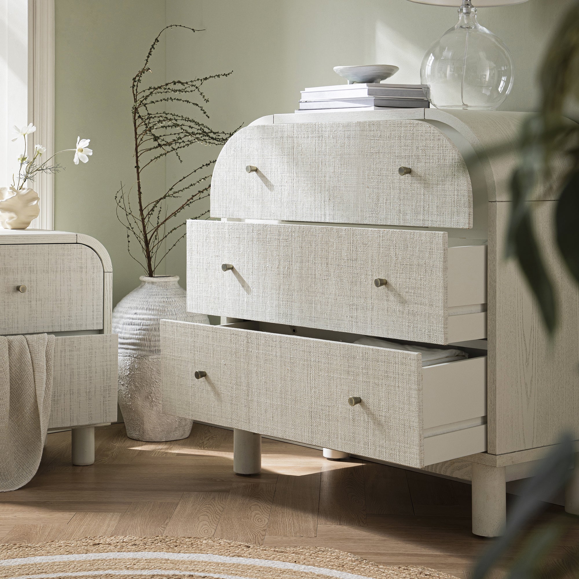 Maude 3 Drawer Dresser, Washed White Ash with Raffia