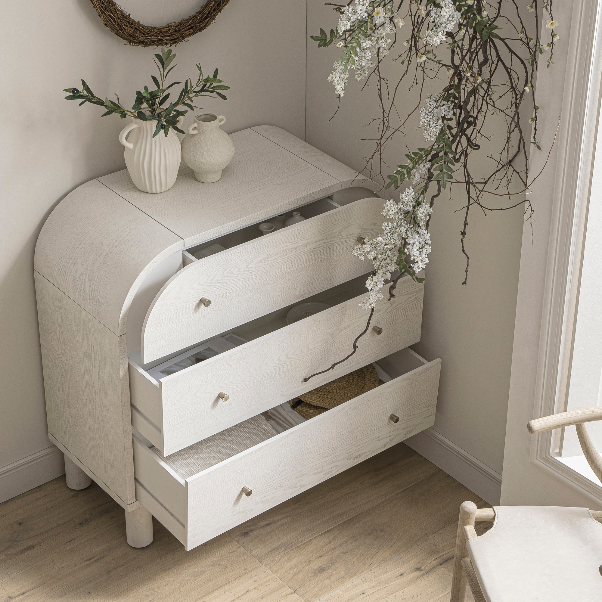 Maude 3 Drawer Dresser, Washed White Ash