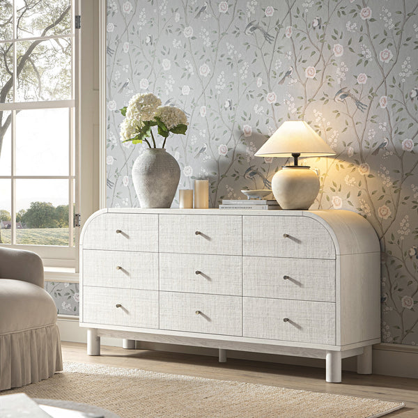 Maude 9 Drawer Dresser, Washed White Ash with Raffia