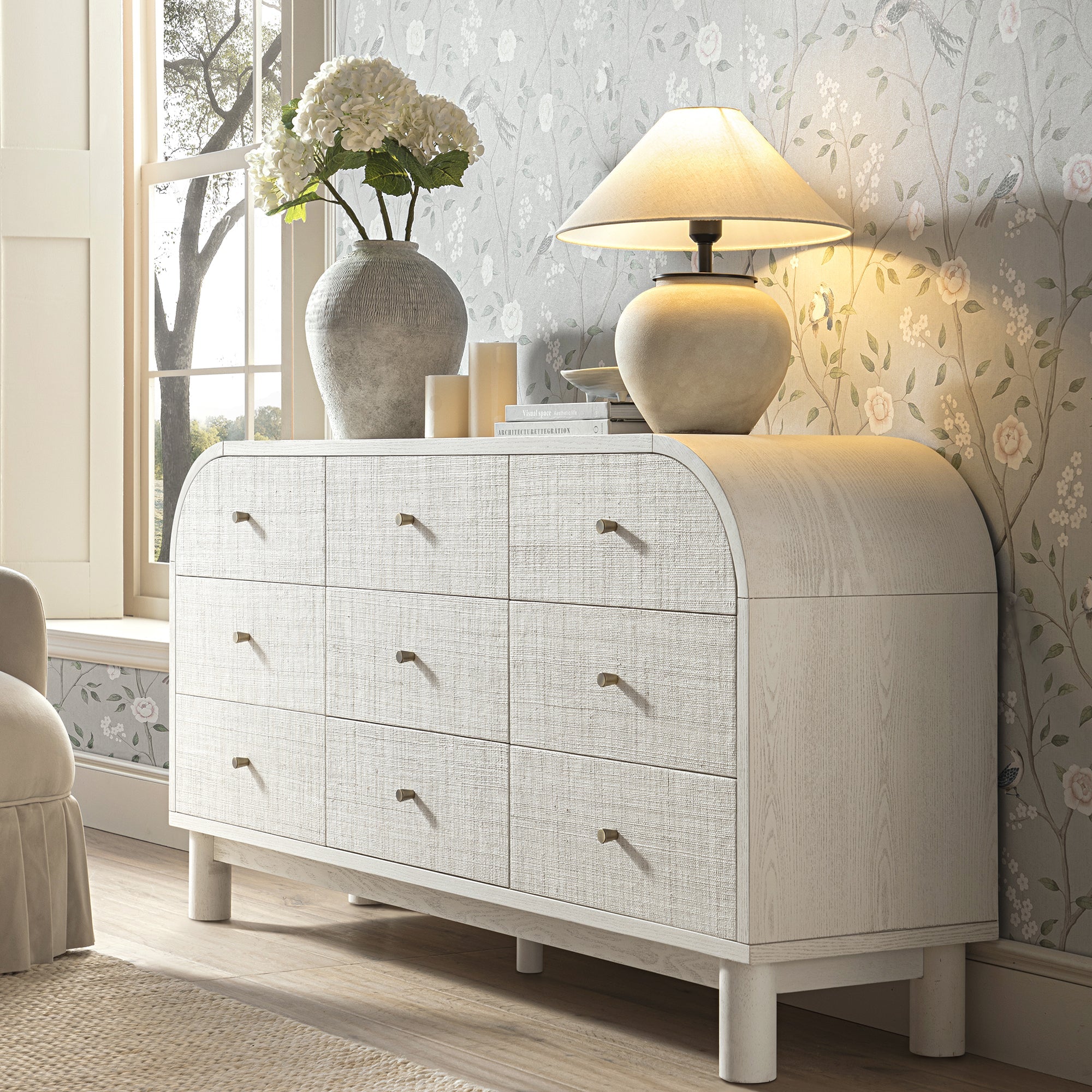 Maude 9 Drawer Dresser, Washed White Ash with Raffia